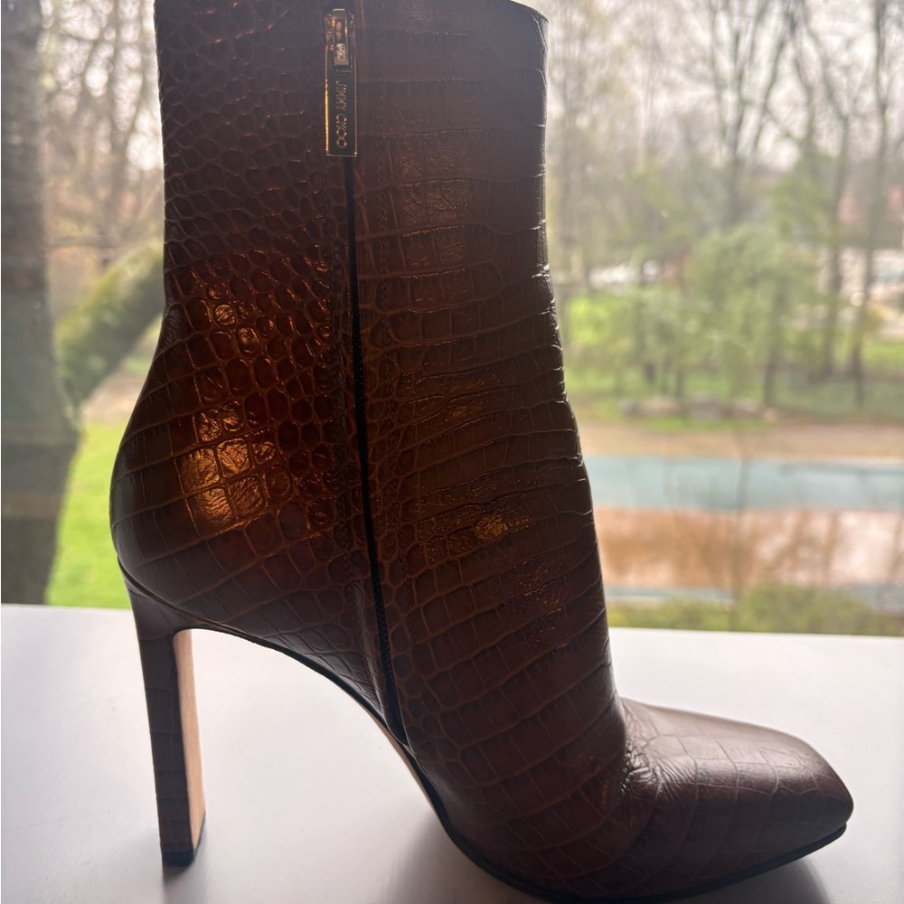 Jimmy Choo Camel Croc-Embossed High Heel Ankle Boots - Picture 3 of 9
